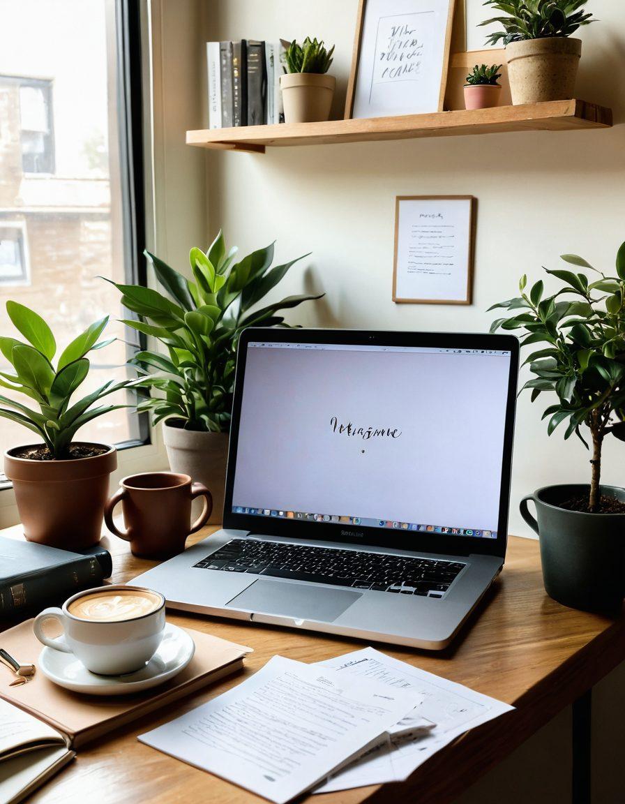 A cozy workspace featuring a laptop open to a blog page, surrounded by personal items like a steaming cup of coffee, an open journal with handwritten notes, a plant for freshness, and a soft ambient light to evoke warmth. The background includes a shelf with books on lifestyle and creativity. The overall vibe should inspire creativity and personal connection. super-realistic. warm colors. inviting atmosphere.