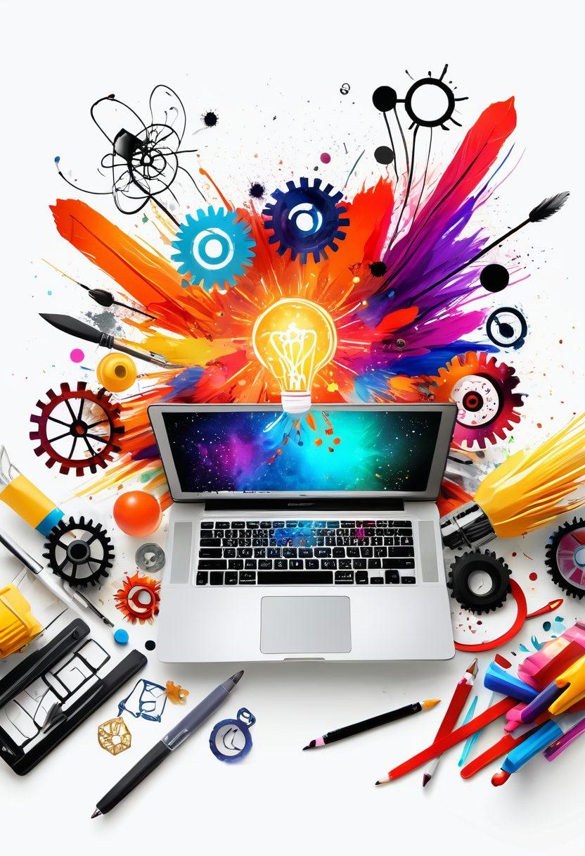 A colorful explosion of creativity encompassing a vibrant blog interface. Illustrate an artist's workspace with scattered paintbrushes, an open laptop displaying a beautifully designed blog, and whimsical doodles floating around. Include elements like lightbulbs and gears symbolizing ideas and transformation. Bright and inviting color scheme to evoke inspiration. super-realistic. vibrant colors. white background.