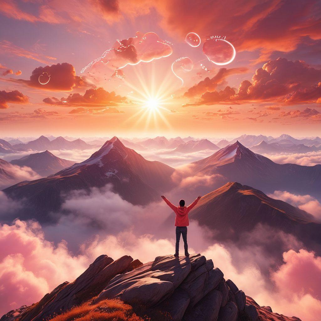 A person standing on a mountain peak, arms outstretched, as the sun rises behind them, illuminating the sky with shades of orange and pink. Surround them with floating speech bubbles filled with written personal reflections, symbolizing the transformation of thoughts into insights. Include a serene landscape in the background with soft clouds. super-realistic. vibrant colors. 3D.